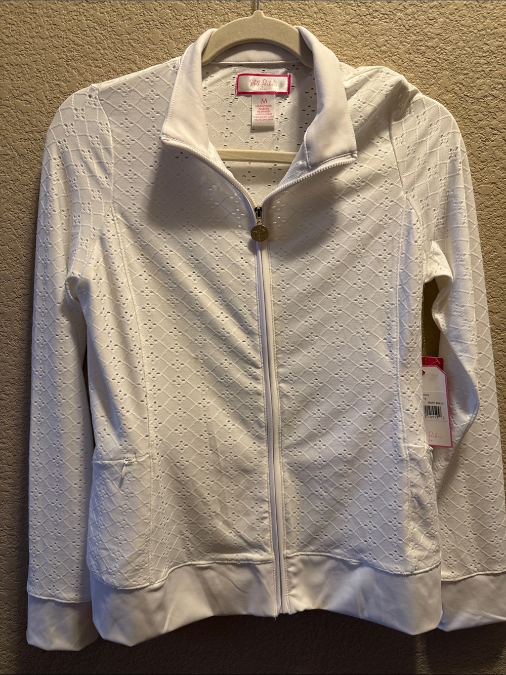 NWT Sporty White Eyelet Full Zip Jacket Sz M Tennis Golf Pickleball Lightweight